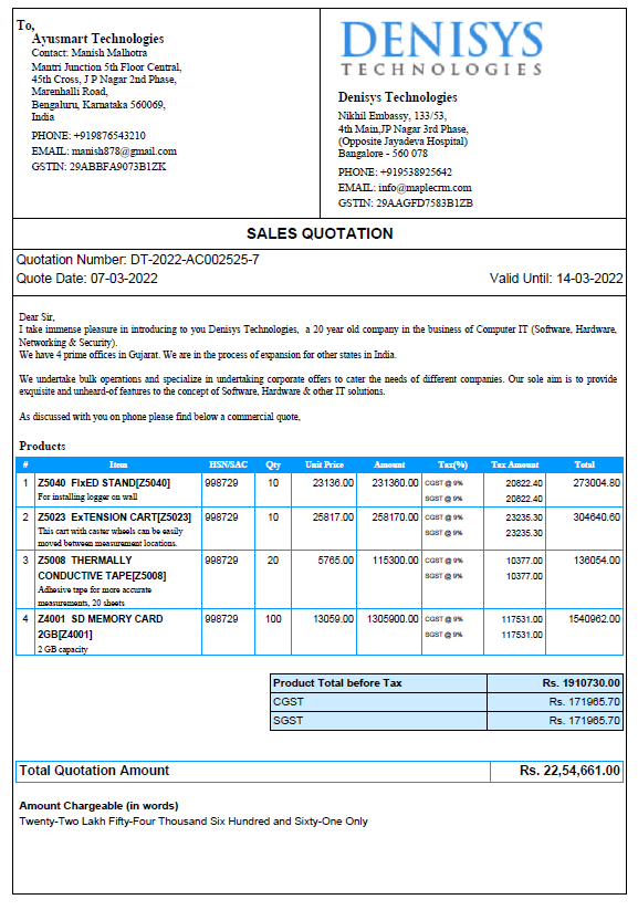 Maple CRM Quotation Format - With Product Image Support