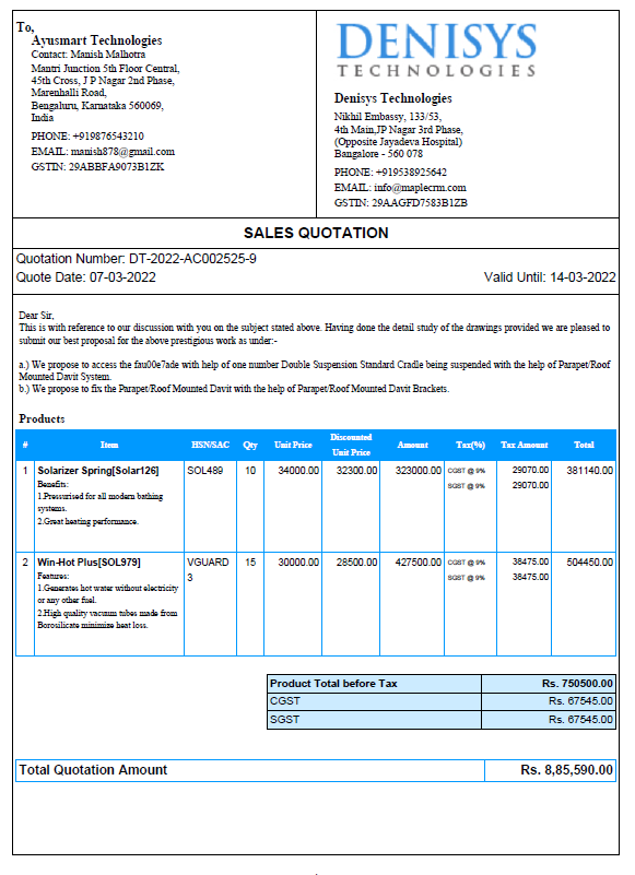 Maple CRM Quotation Format - With Product Image Support