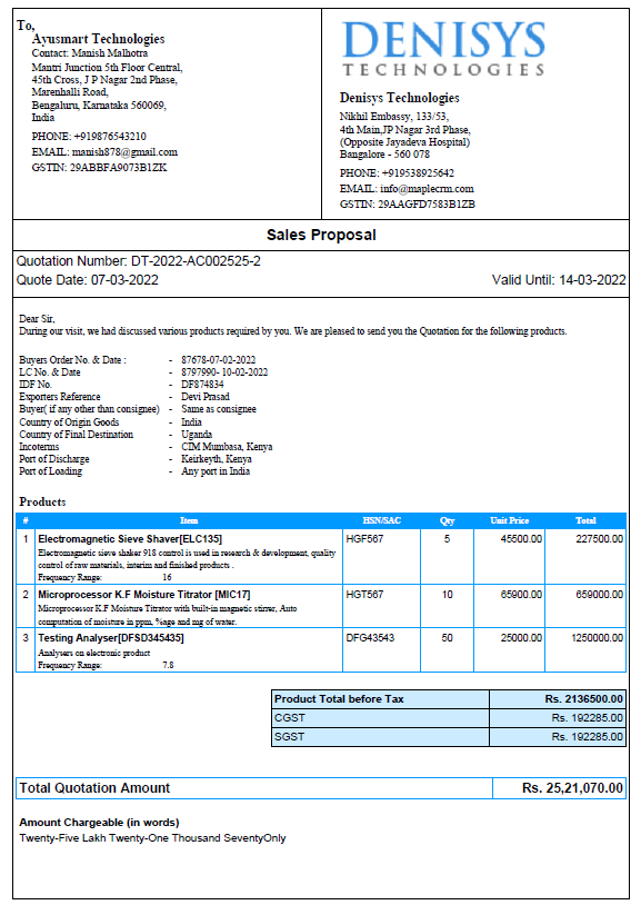 Maple CRM Quotation Format - With Product Image Support